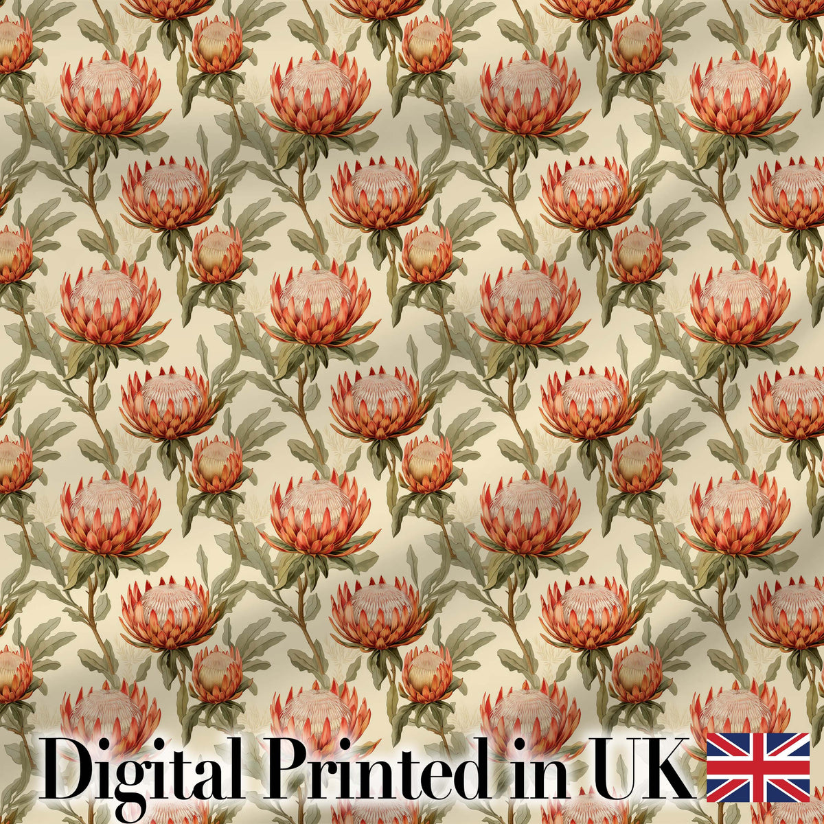 Warm Orange Protea Flower Vintage Botanical Seamless Pattern Digital Print Fabric by the Metre UK Sewing Quilting Textile