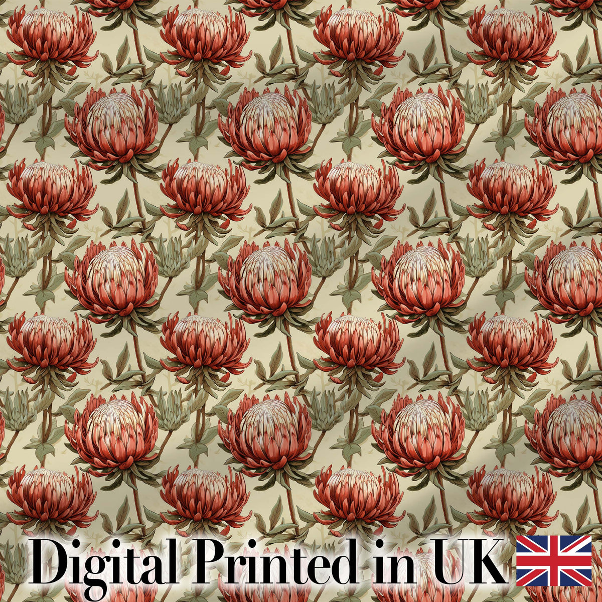 Vintage Style Red Protea Floral Seamless Pattern Digital Print Fabric by the Metre UK Sewing Quilting Textile