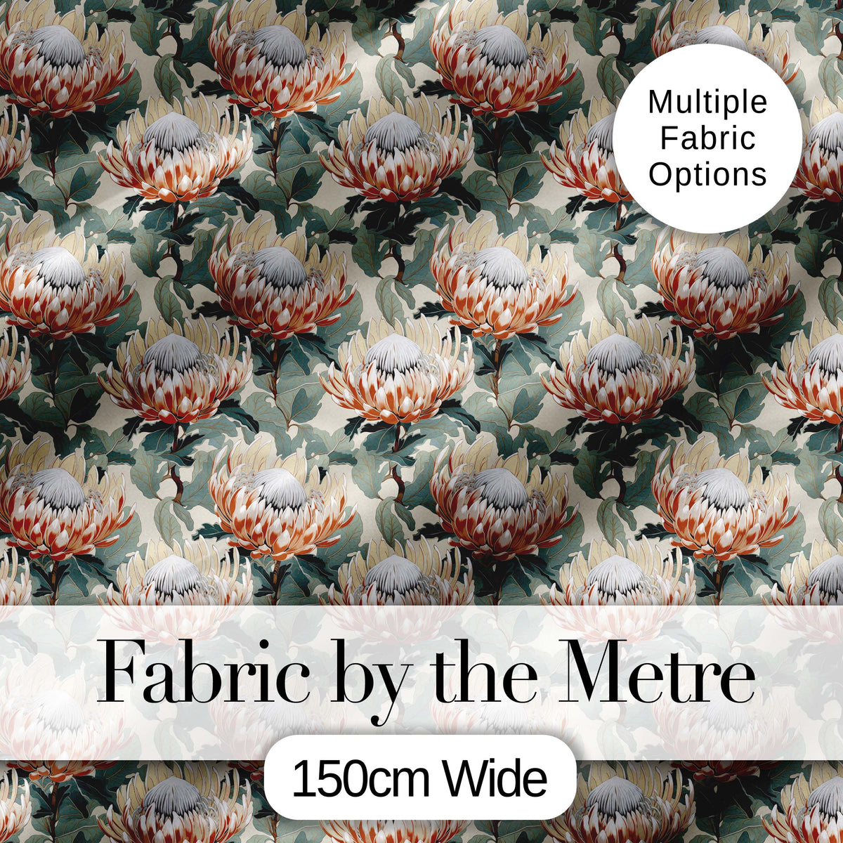 Elegant White and Orange Protea Botanical Seamless Pattern Digital Print Fabric by the Metre UK Sewing Quilting Textile