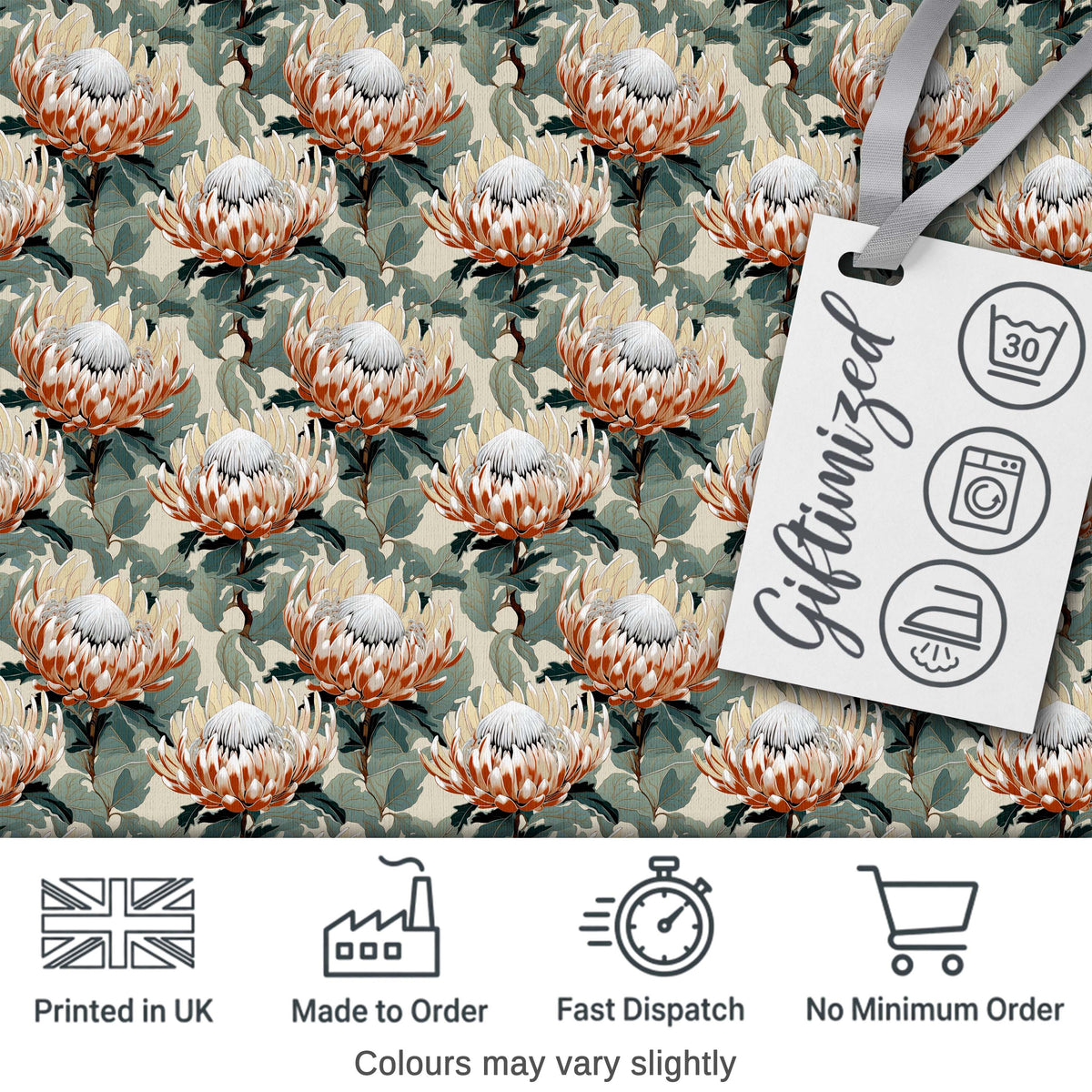 Elegant White and Orange Protea Botanical Seamless Pattern Digital Print Fabric by the Metre UK Sewing Quilting Textile