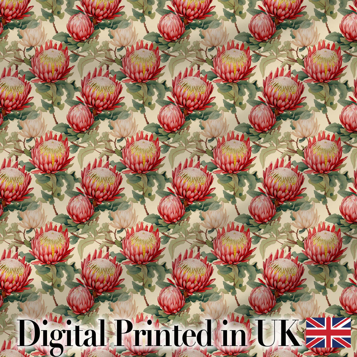 Red and Cream Protea Floral Botanical Seamless Pattern Digital Print Fabric by the Metre UK Sewing Quilting Textile