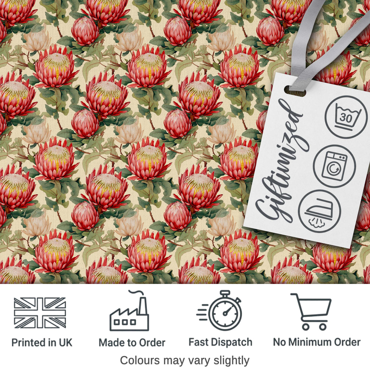 Red and Cream Protea Floral Botanical Seamless Pattern Digital Print Fabric by the Metre UK Sewing Quilting Textile