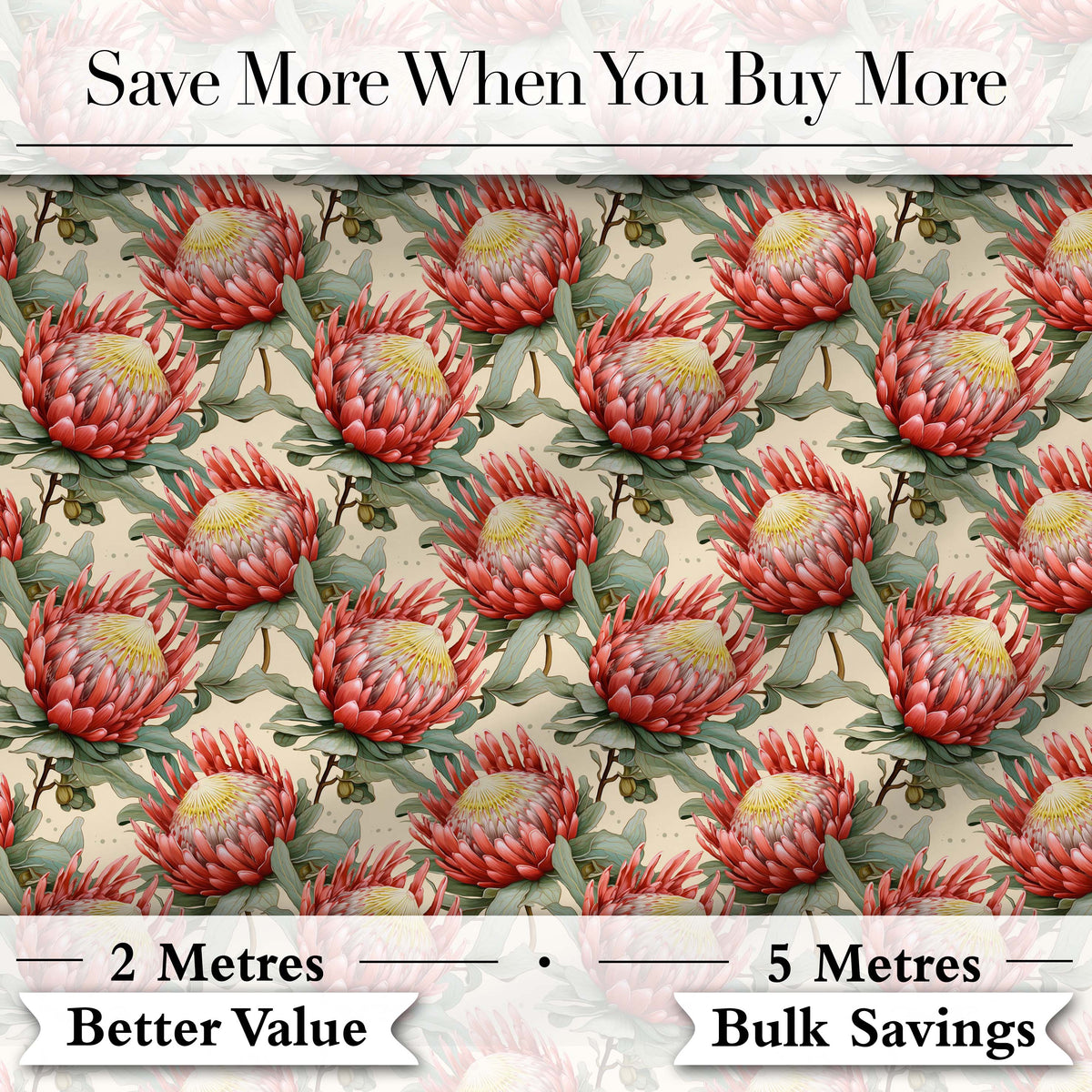 Soft Red Protea Floral Botanical Seamless Pattern Digital Print Fabric by the Metre UK Sewing Quilting Textile