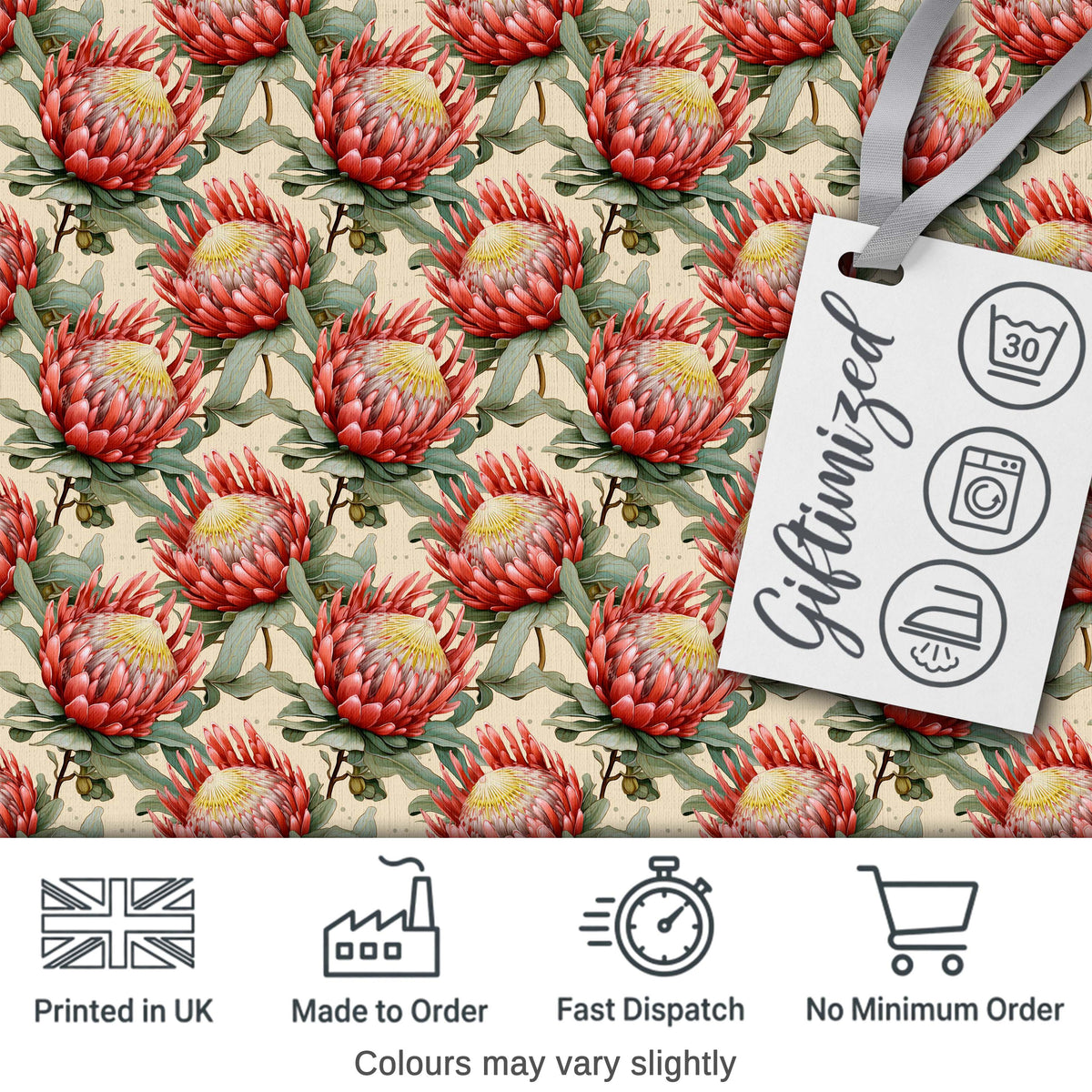 Soft Red Protea Floral Botanical Seamless Pattern Digital Print Fabric by the Metre UK Sewing Quilting Textile