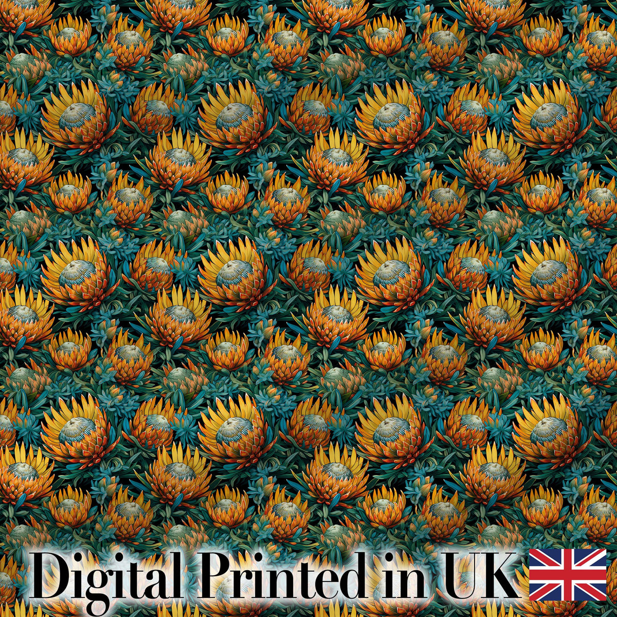 Vibrant Orange and Teal Protea Floral Seamless Pattern Digital Print Fabric by the Metre UK Sewing Quilting Textile