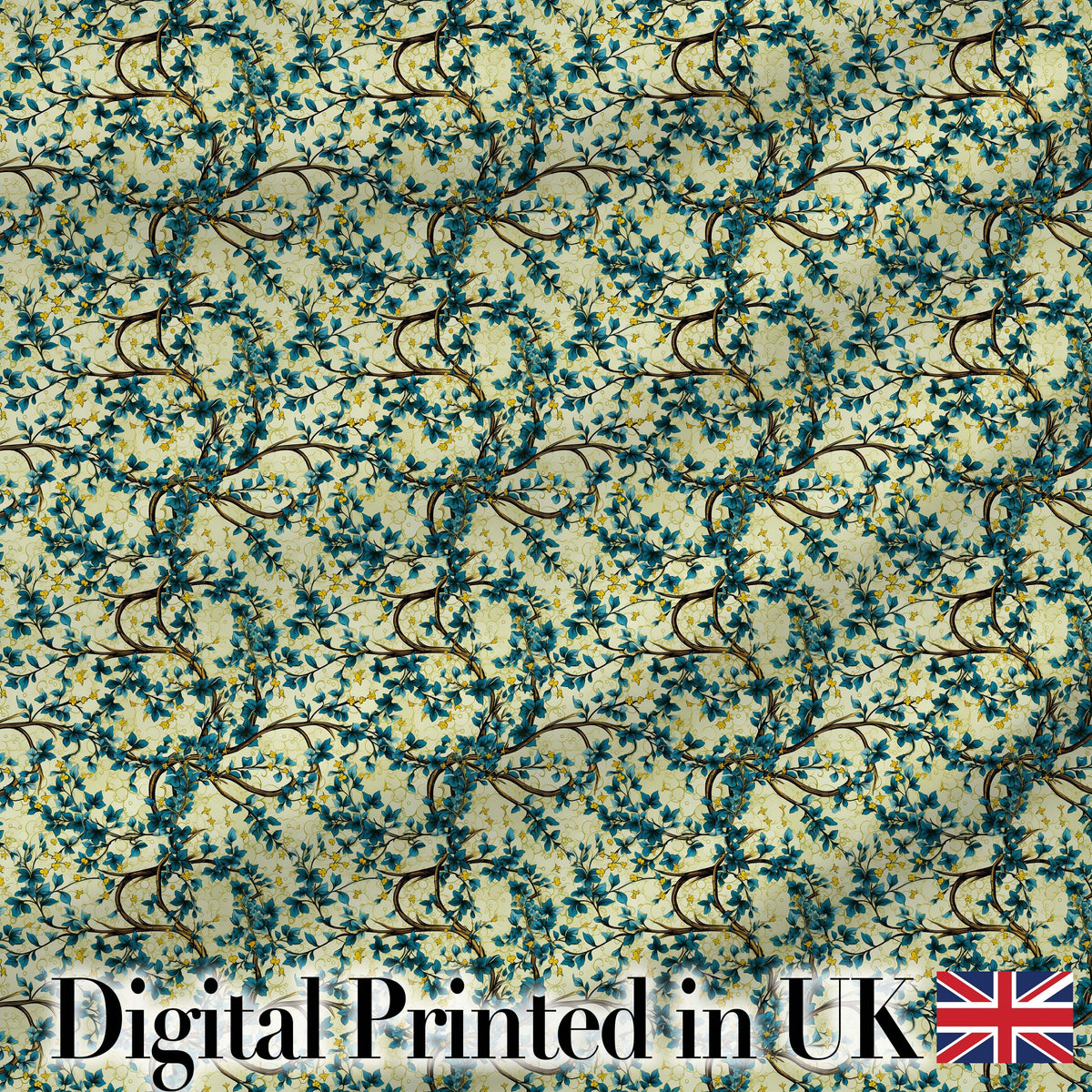 Elegant Blue Floral Branches on Cream Background Seamless Pattern Digital Print Fabric by the Metre UK Sewing Quilting Textile