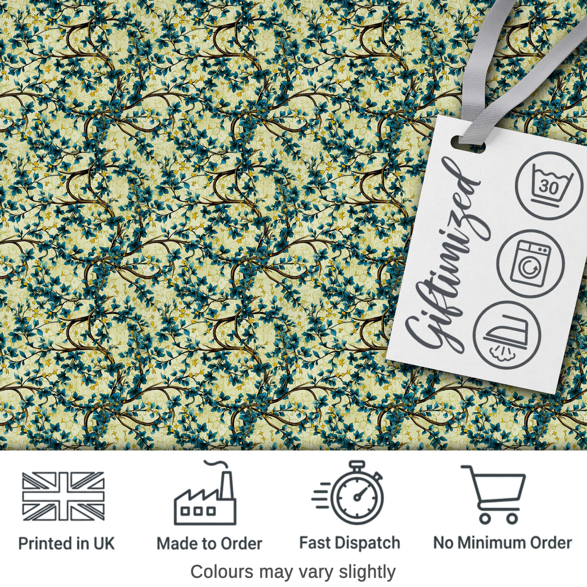 Elegant Blue Floral Branches on Cream Background Seamless Pattern Digital Print Fabric by the Metre UK Sewing Quilting Textile