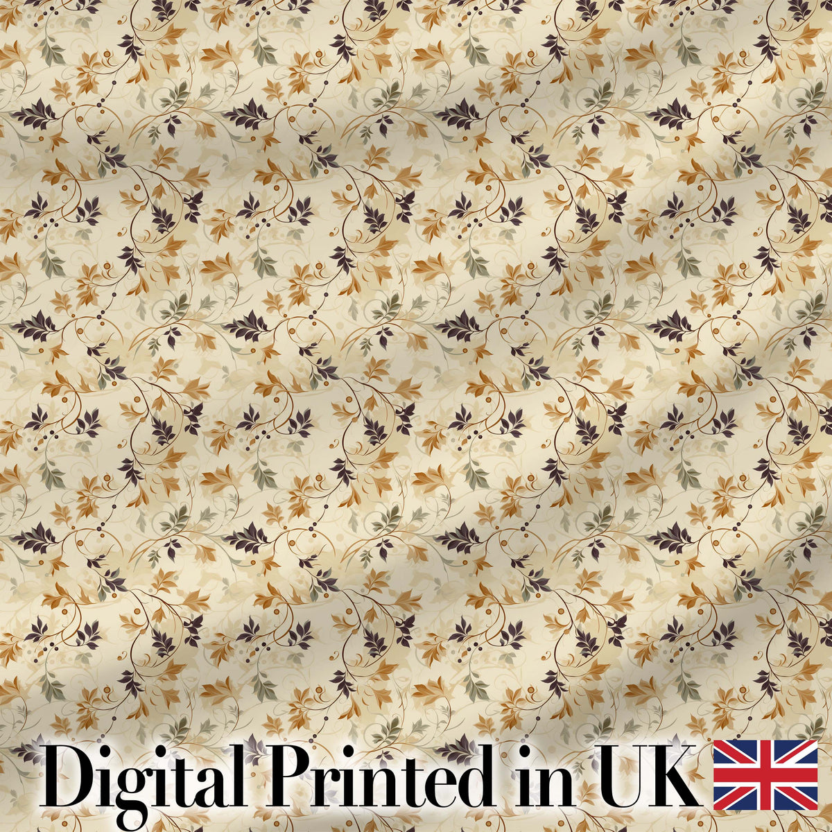 Elegant Autumn Leaves and Swirling Vines Seamless Pattern Digital Print Fabric by the Metre UK Sewing Quilting Textile