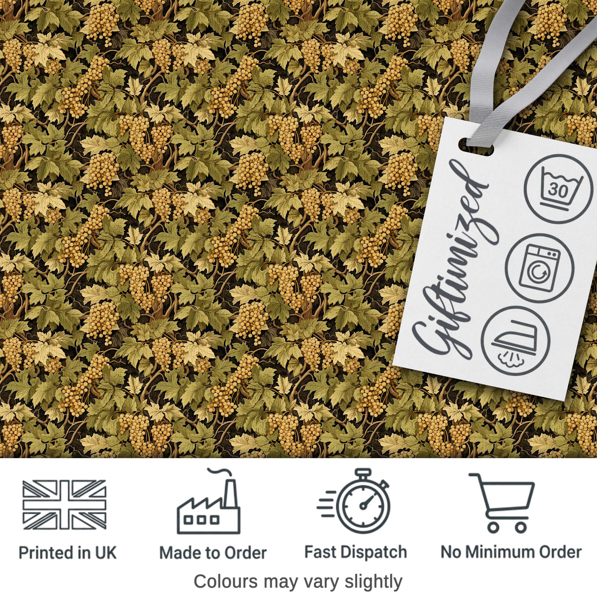 Vintage Vineyard Grapes and Leaves on Dark Background Seamless Pattern Digital Print Fabric by the Metre UK Sewing Quilting Textile