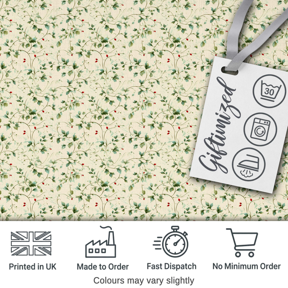 Delicate Green Vine Leaves with Small Red Berries Seamless Pattern Digital Print Fabric by the Metre UK Sewing Quilting Textile