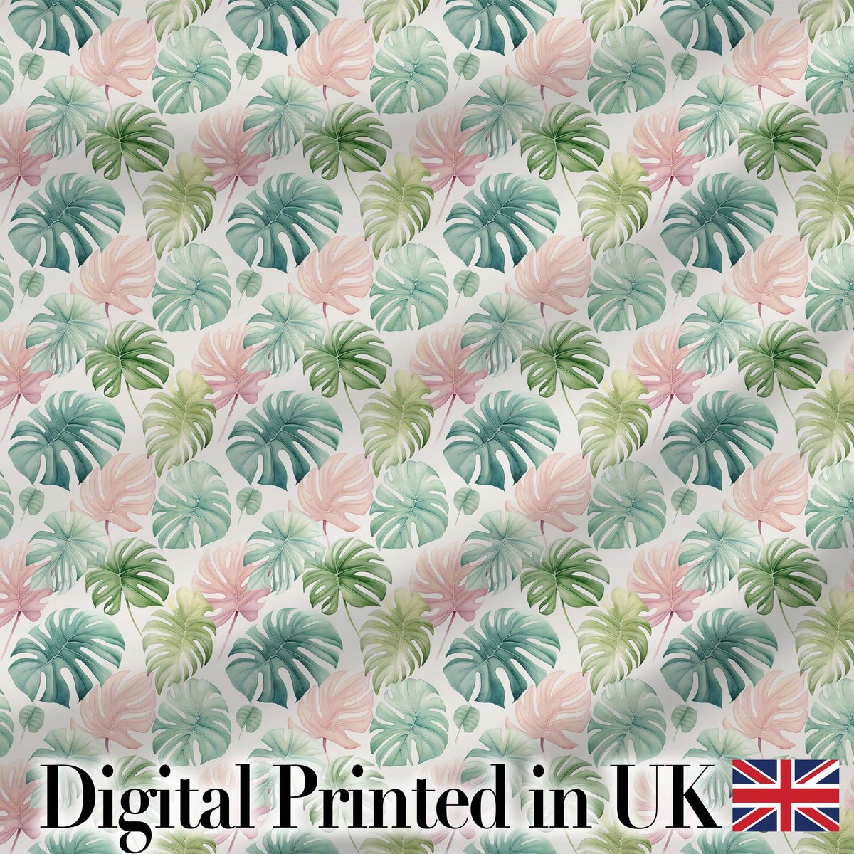 Pastel Tropical Monstera Leaves in Soft Pink and Green Seamless Pattern Digital Print Fabric by the Metre UK Sewing Quilting Textile