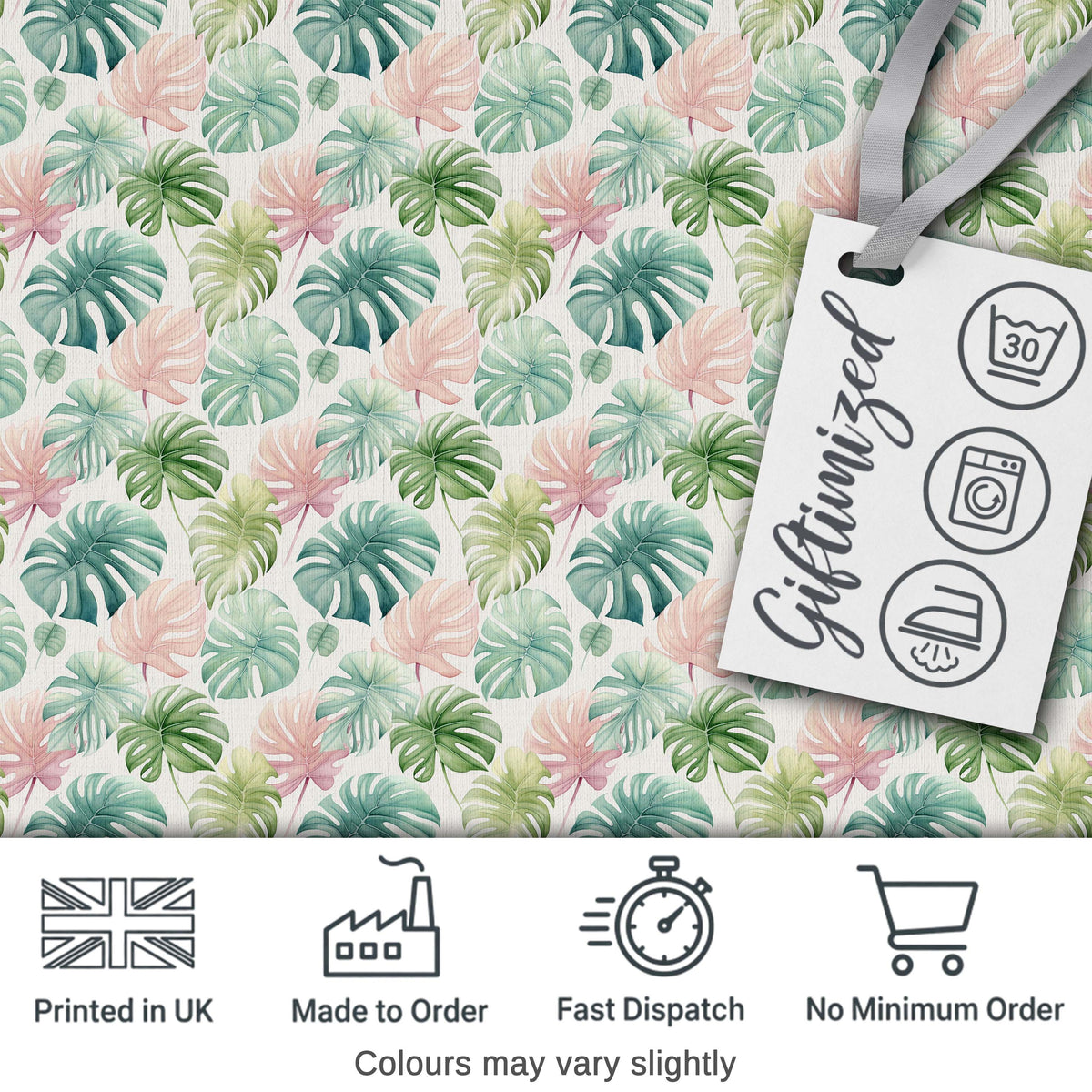 Pastel Tropical Monstera Leaves in Soft Pink and Green Seamless Pattern Digital Print Fabric by the Metre UK Sewing Quilting Textile