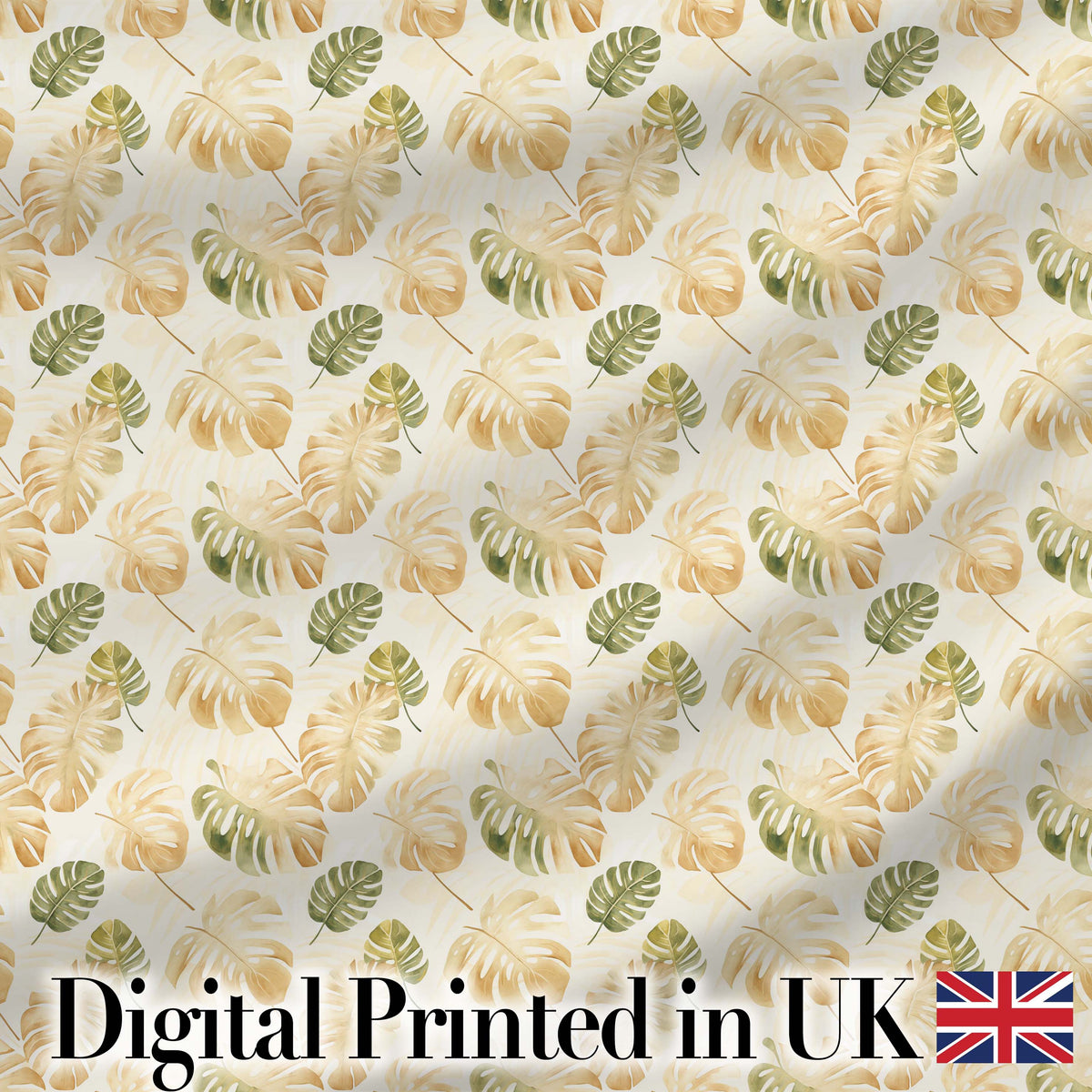 Warm Beige and Green Monstera Leaves Soft Tropical Seamless Pattern Digital Print Fabric by the Metre UK Sewing Quilting Textile