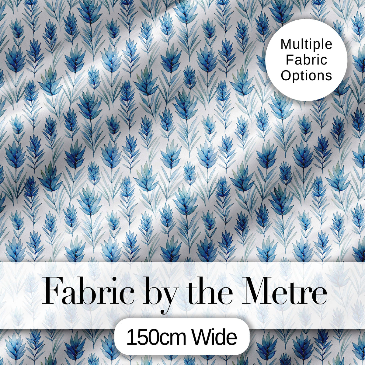 Blue Botanical Leaves Watercolor Floral Seamless Pattern Digital Print Fabric by the Metre UK Sewing Quilting Textile