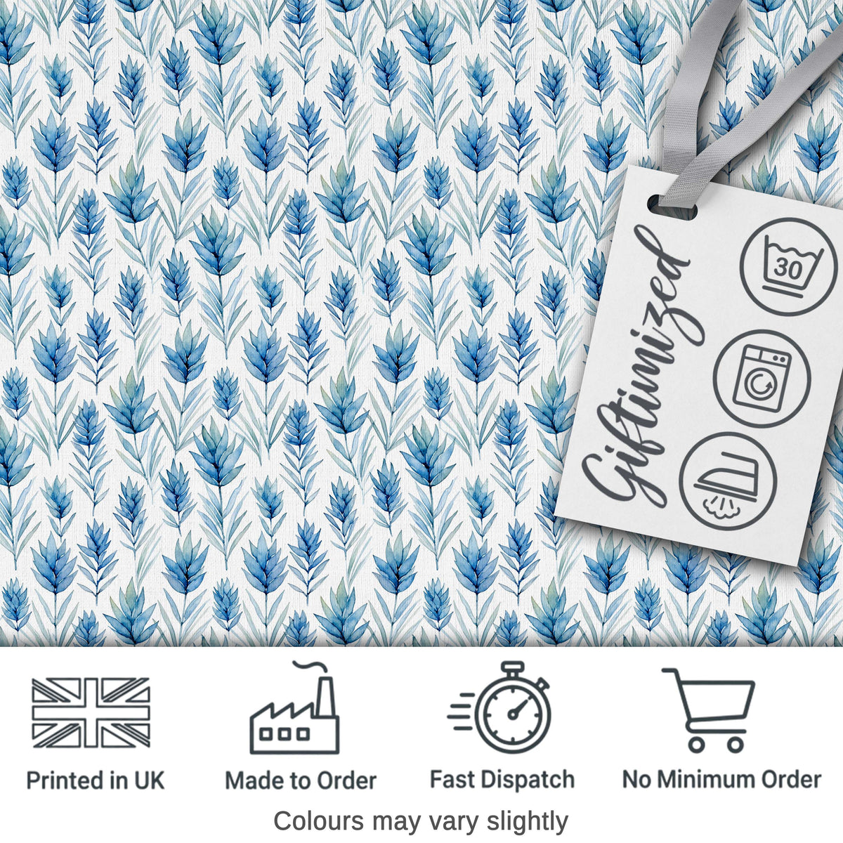 Blue Botanical Leaves Watercolor Floral Seamless Pattern Digital Print Fabric by the Metre UK Sewing Quilting Textile