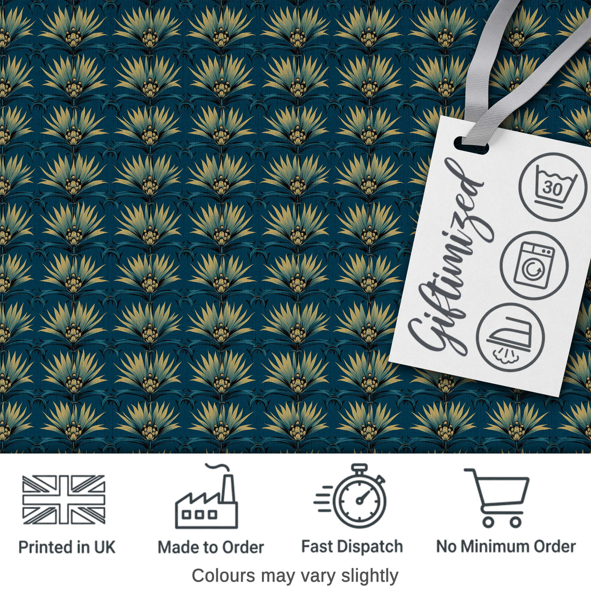 Art Deco Gold and Teal Floral Fan Seamless Pattern Digital Print Fabric by the Metre UK Sewing Quilting Textile