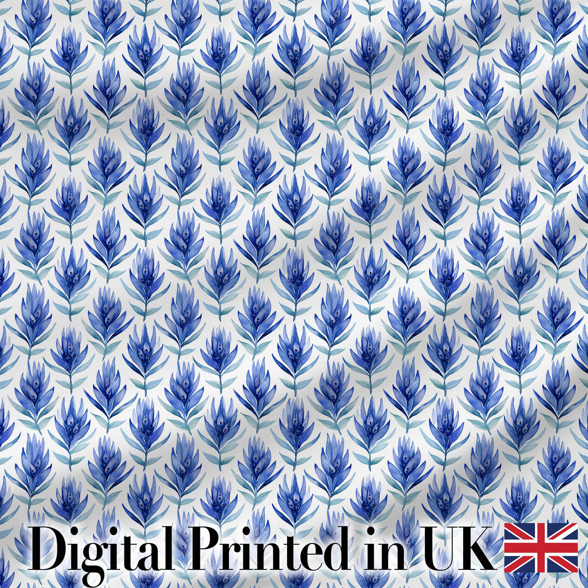 Delicate Blue Leaf Watercolor Botanical Seamless Pattern Digital Print Fabric by the Metre UK Sewing Quilting Textile