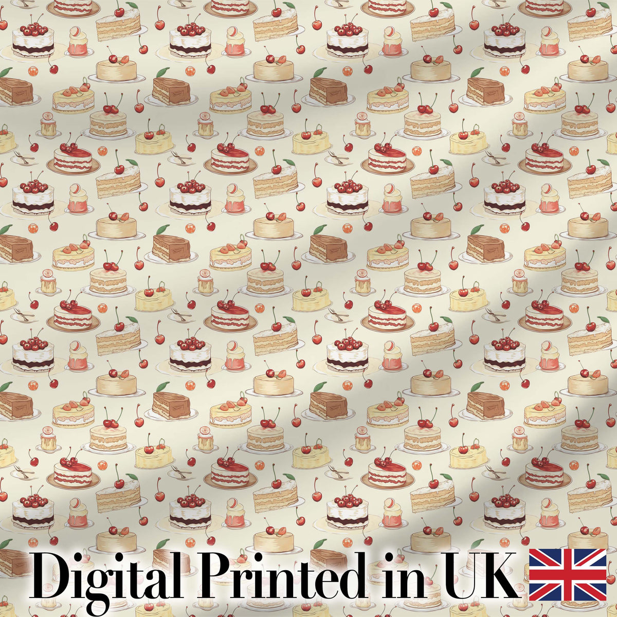 Vintage Cake and Cherry Dessert Seamless Pattern Digital Print Fabric by the Metre UK Sewing Quilting Textile