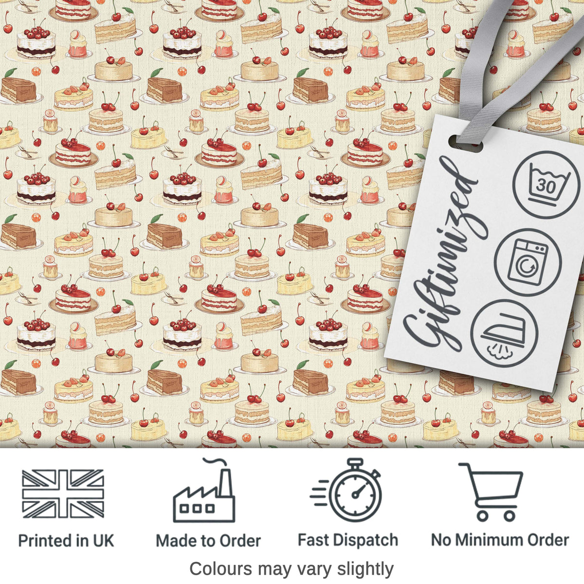 Vintage Cake and Cherry Dessert Seamless Pattern Digital Print Fabric by the Metre UK Sewing Quilting Textile