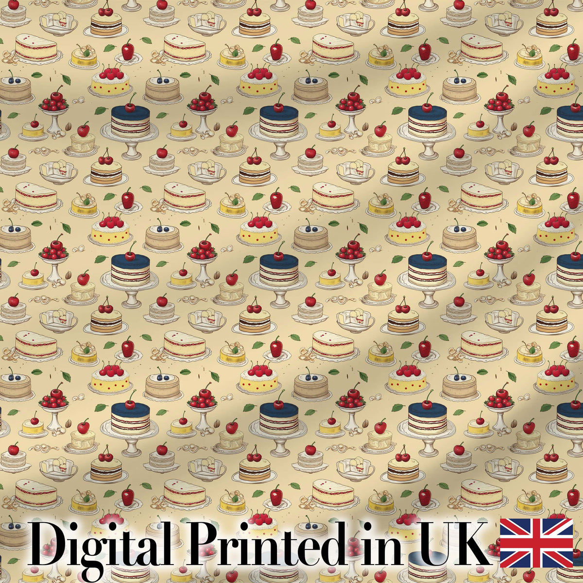 Vintage Cake Dessert Stand Cherry Treat Seamless Pattern Digital Print Fabric by the Metre UK Sewing Quilting Textile