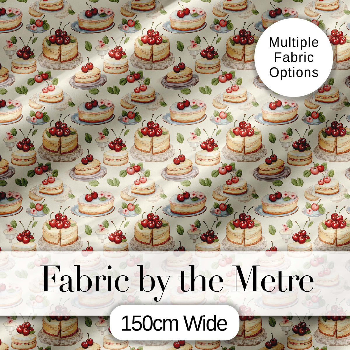 Cherry Cream Layer Cake Elegant Dessert Seamless Pattern Digital Print Fabric by the Metre UK Sewing Quilting Textile