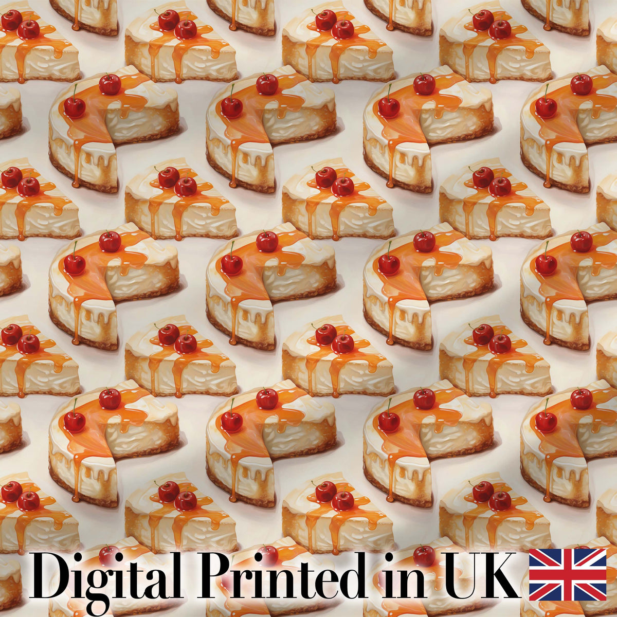 Caramel Drizzle Cheesecake Slice Sweet Dessert Seamless Pattern Digital Print Fabric by the Metre UK Sewing Quilting Textile