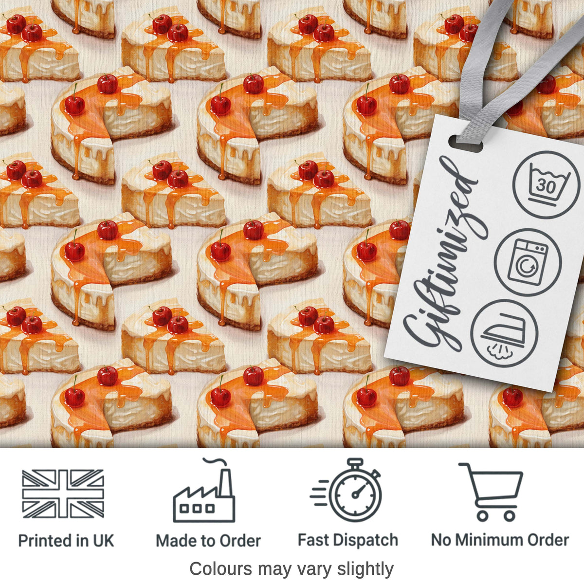 Caramel Drizzle Cheesecake Slice Sweet Dessert Seamless Pattern Digital Print Fabric by the Metre UK Sewing Quilting Textile