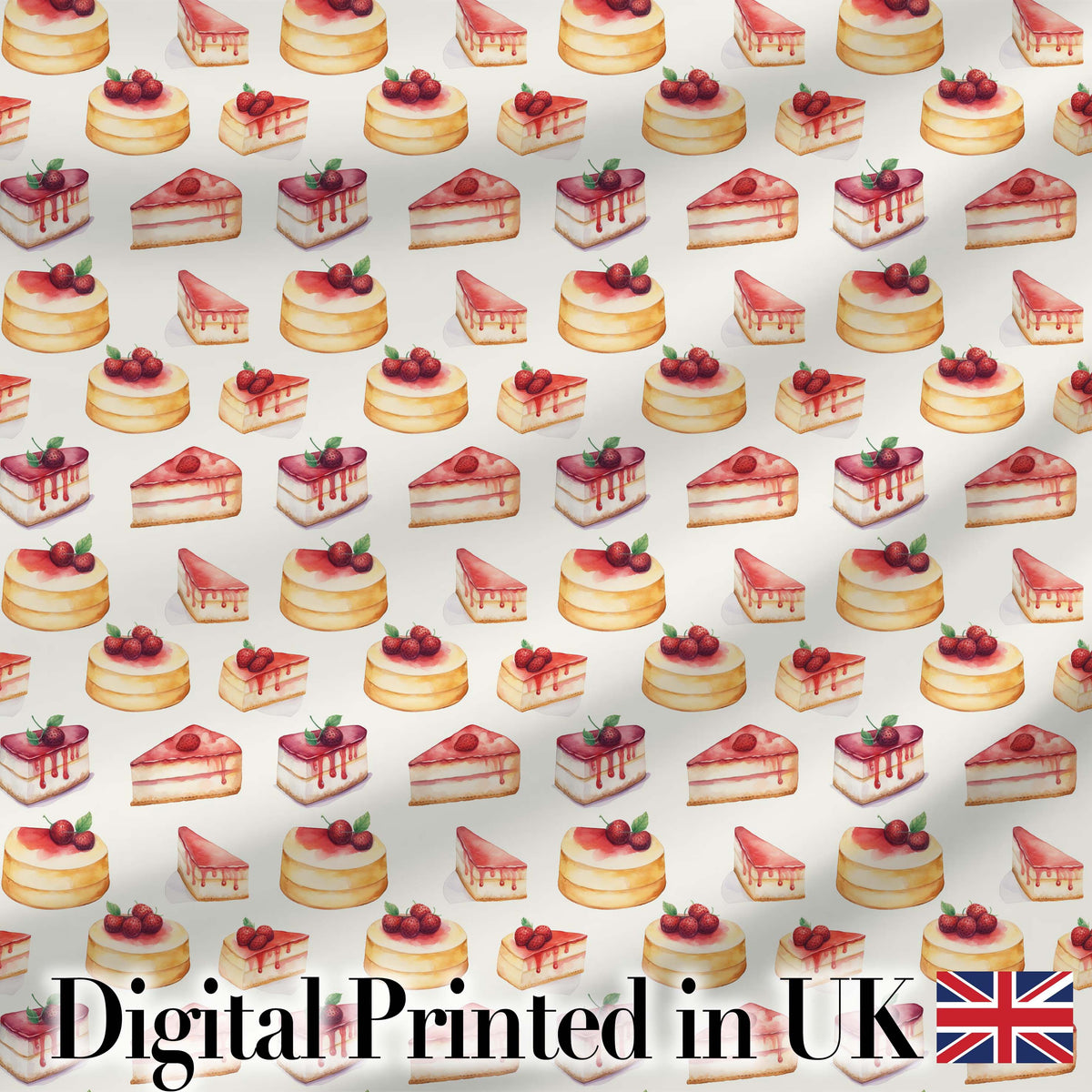 Strawberry Layer Cake Sweet Dessert Variety Seamless Pattern Digital Print Fabric by the Metre UK Sewing Quilting Textile