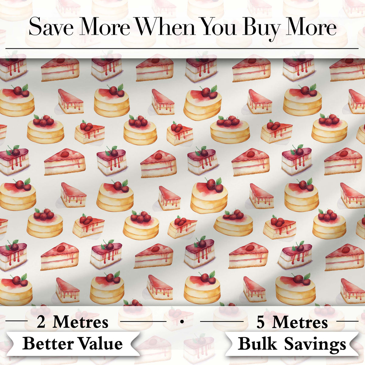 Strawberry Layer Cake Sweet Dessert Variety Seamless Pattern Digital Print Fabric by the Metre UK Sewing Quilting Textile