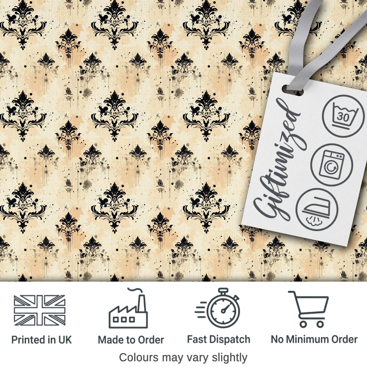 Vintage Damask Grunge Ink Splash Elegant Seamless Pattern Digital Print Fabric by the Metre UK Sewing Quilting Textile