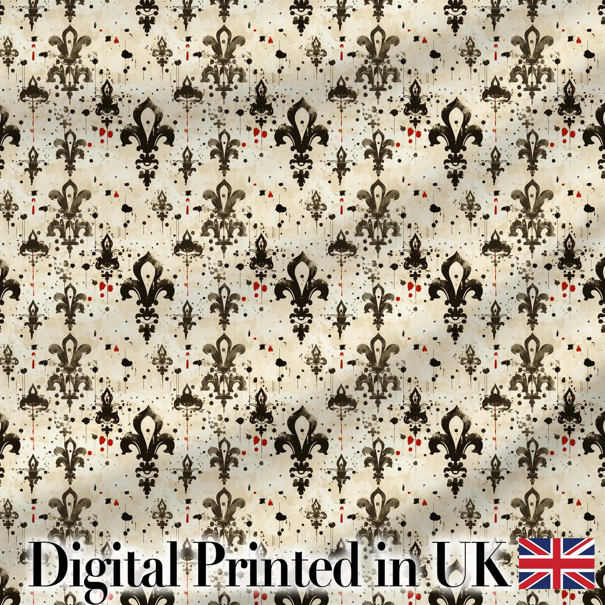 Fleur De Lis Grunge Ink Splatter Vintage Style Seamless Pattern Digital Print Fabric by the Metre UK Sewing Quilting Textile