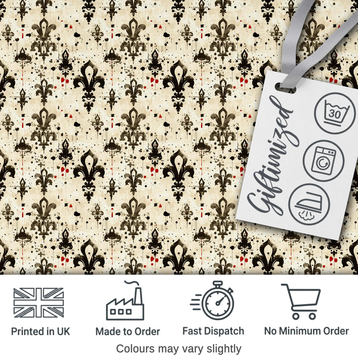 Fleur De Lis Grunge Ink Splatter Vintage Style Seamless Pattern Digital Print Fabric by the Metre UK Sewing Quilting Textile