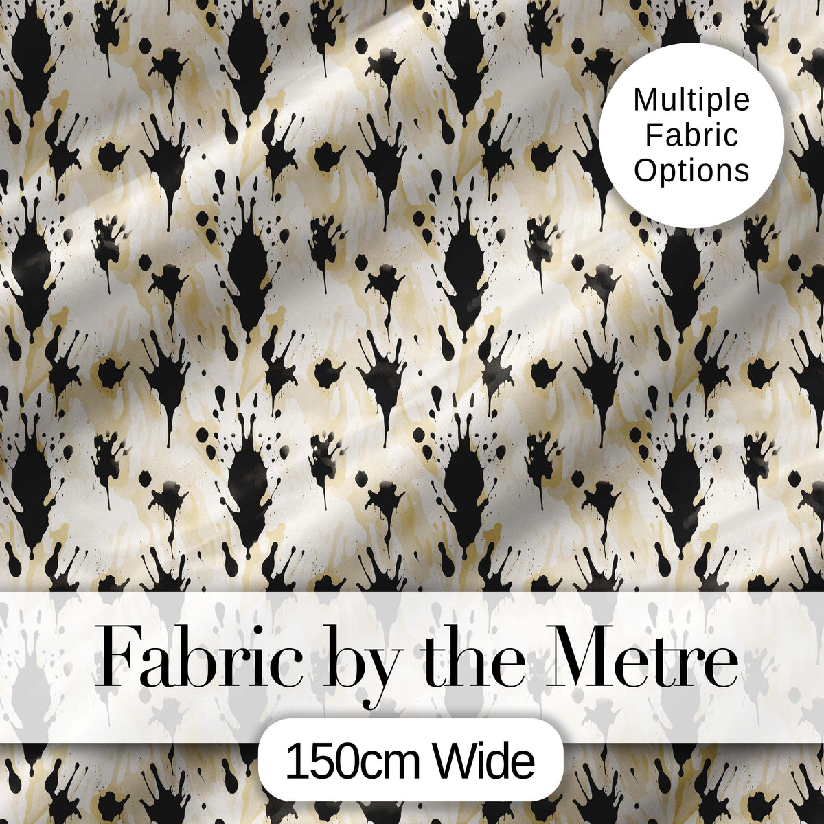 Neutral Beige Black Ink Splash Abstract Artistic Seamless Pattern Digital Print Fabric by the Metre UK Sewing Quilting Textile