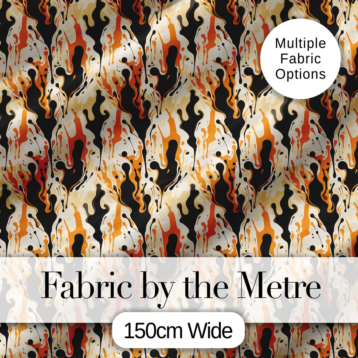Orange Black Liquid Marble Abstract Flow Seamless Pattern Digital Print Fabric by the Metre UK Sewing Quilting Textile