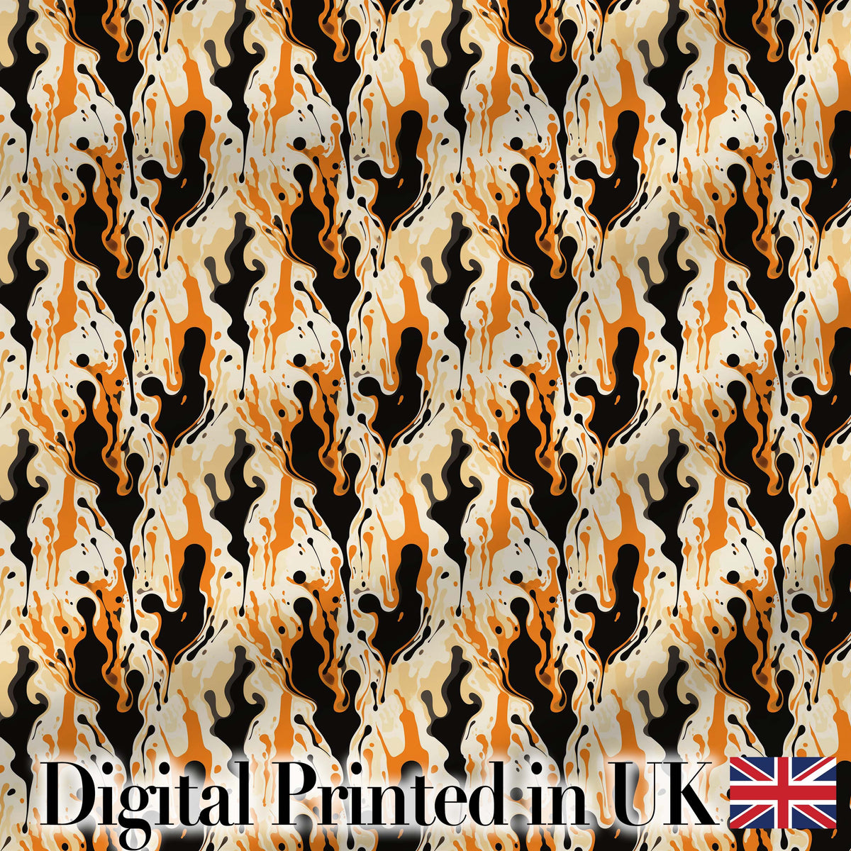Orange Black Liquid Marble Abstract Flow Seamless Pattern Digital Print Fabric by the Metre UK Sewing Quilting Textile