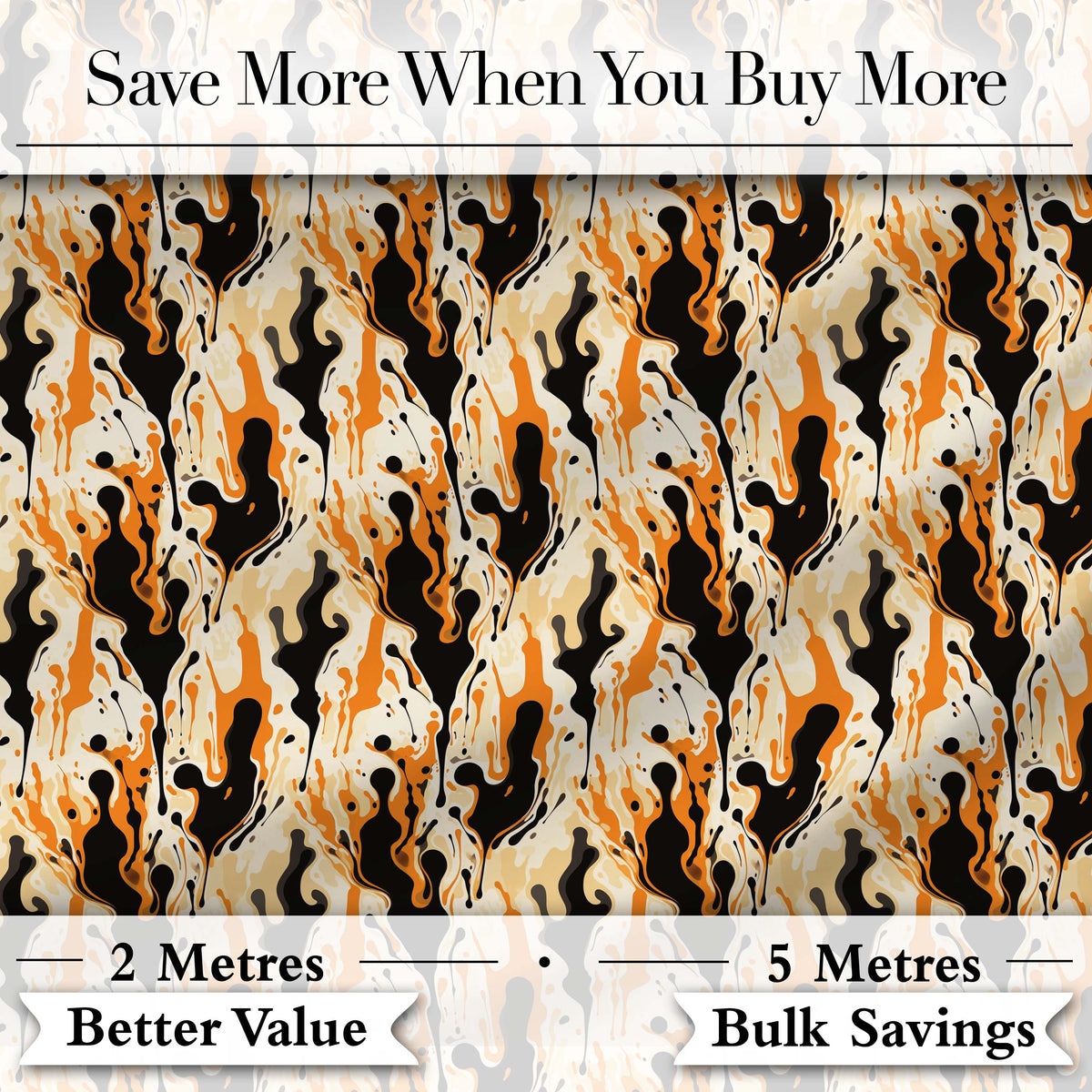 Orange Black Liquid Marble Abstract Flow Seamless Pattern Digital Print Fabric by the Metre UK Sewing Quilting Textile