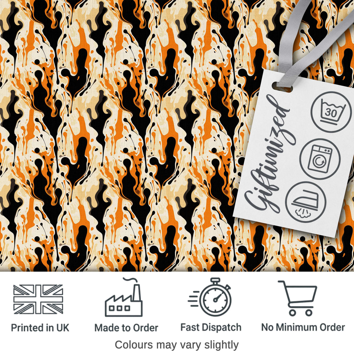 Orange Black Liquid Marble Abstract Flow Seamless Pattern Digital Print Fabric by the Metre UK Sewing Quilting Textile
