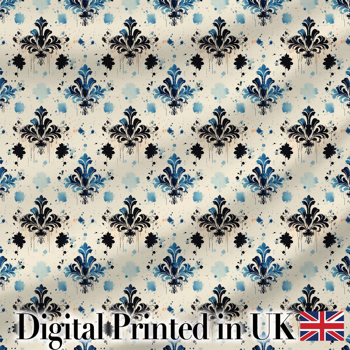 Blue Floral Damask Ink Splash Vintage Seamless Pattern Digital Print Fabric by the Metre UK Sewing Quilting Textile
