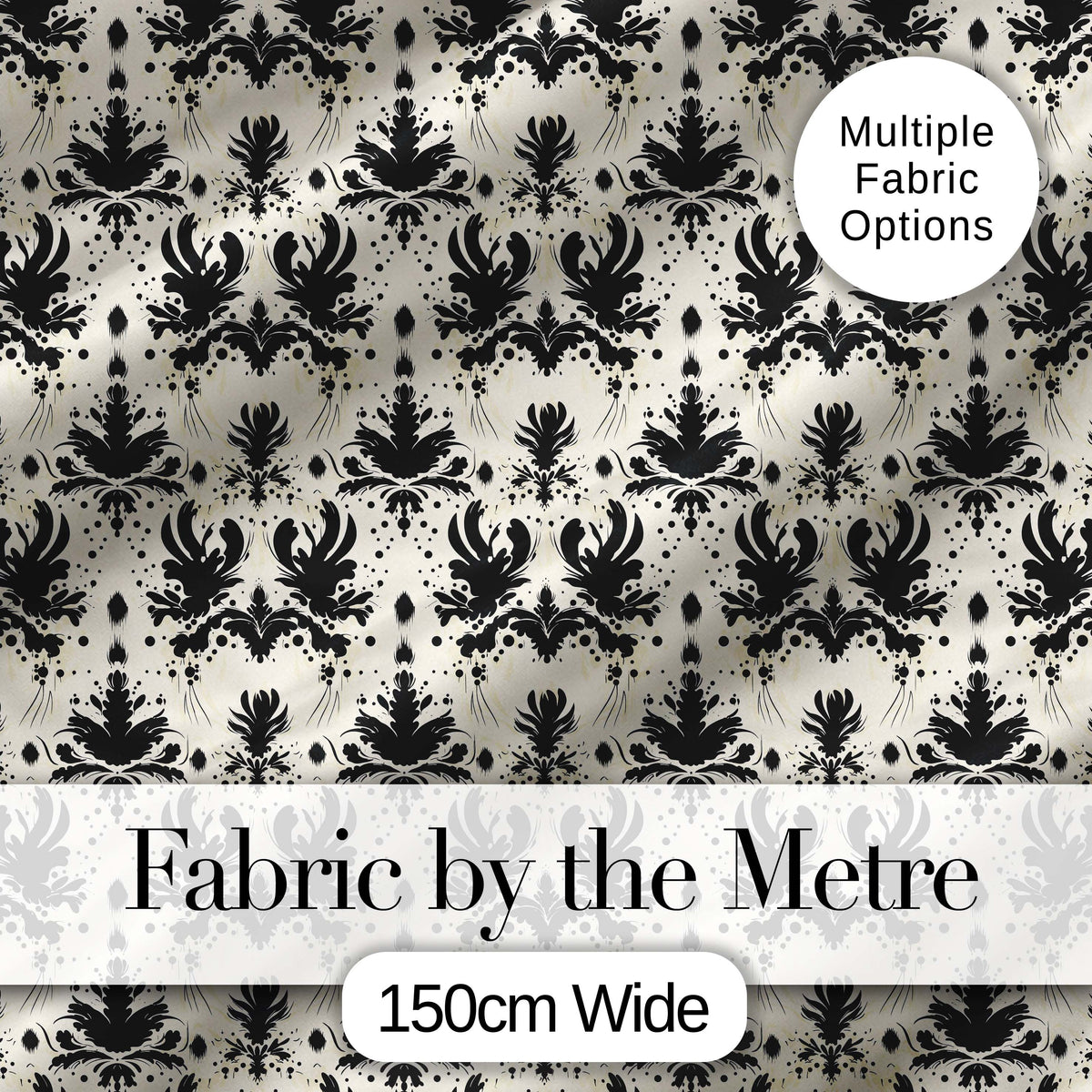 Black Damask Silhouette Ornamental Seamless Pattern Digital Print Fabric by the Metre UK Sewing Quilting Textile