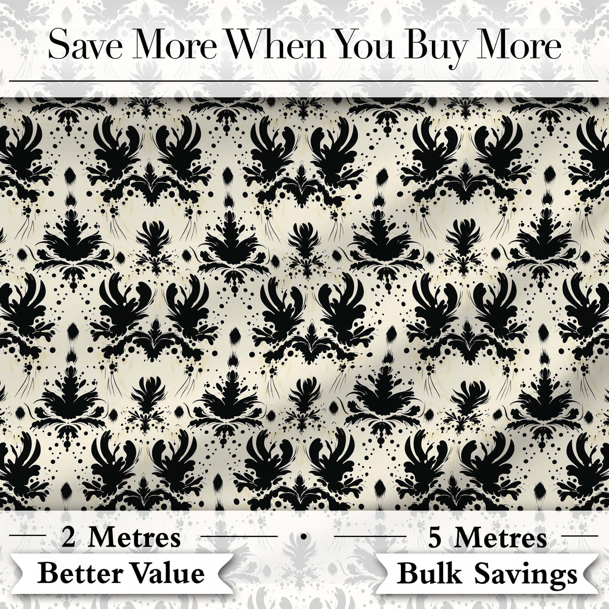 Black Damask Silhouette Ornamental Seamless Pattern Digital Print Fabric by the Metre UK Sewing Quilting Textile