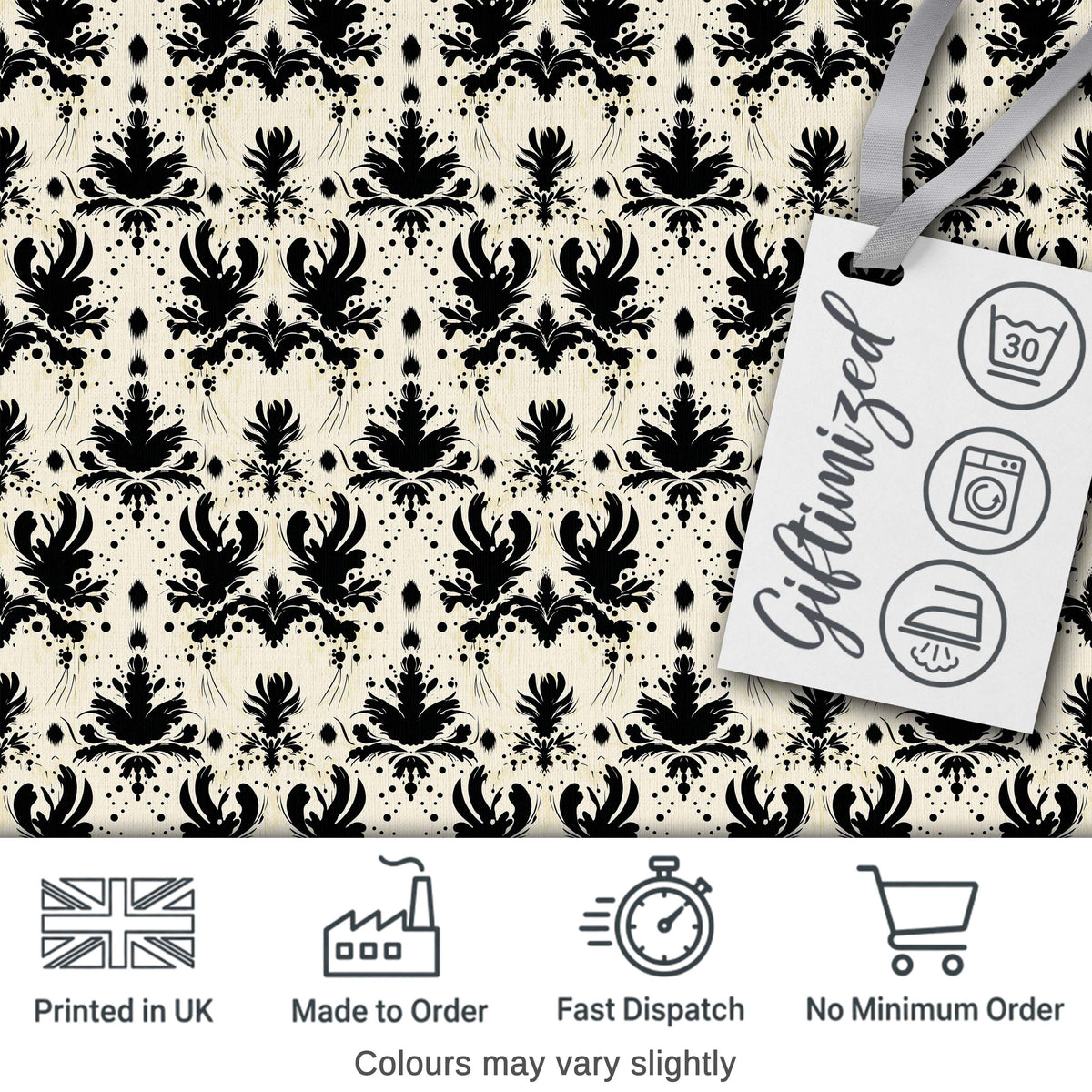 Black Damask Silhouette Ornamental Seamless Pattern Digital Print Fabric by the Metre UK Sewing Quilting Textile