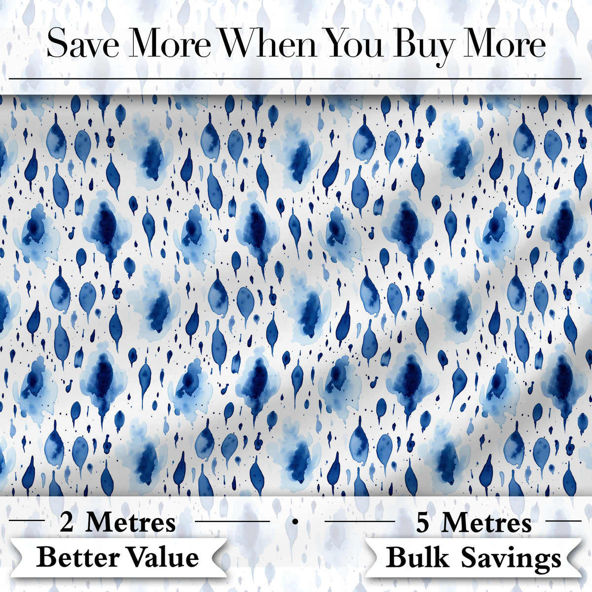 Blue Watercolour Droplet Abstract Seamless Pattern Digital Print Fabric by the Metre UK Sewing Quilting Textile