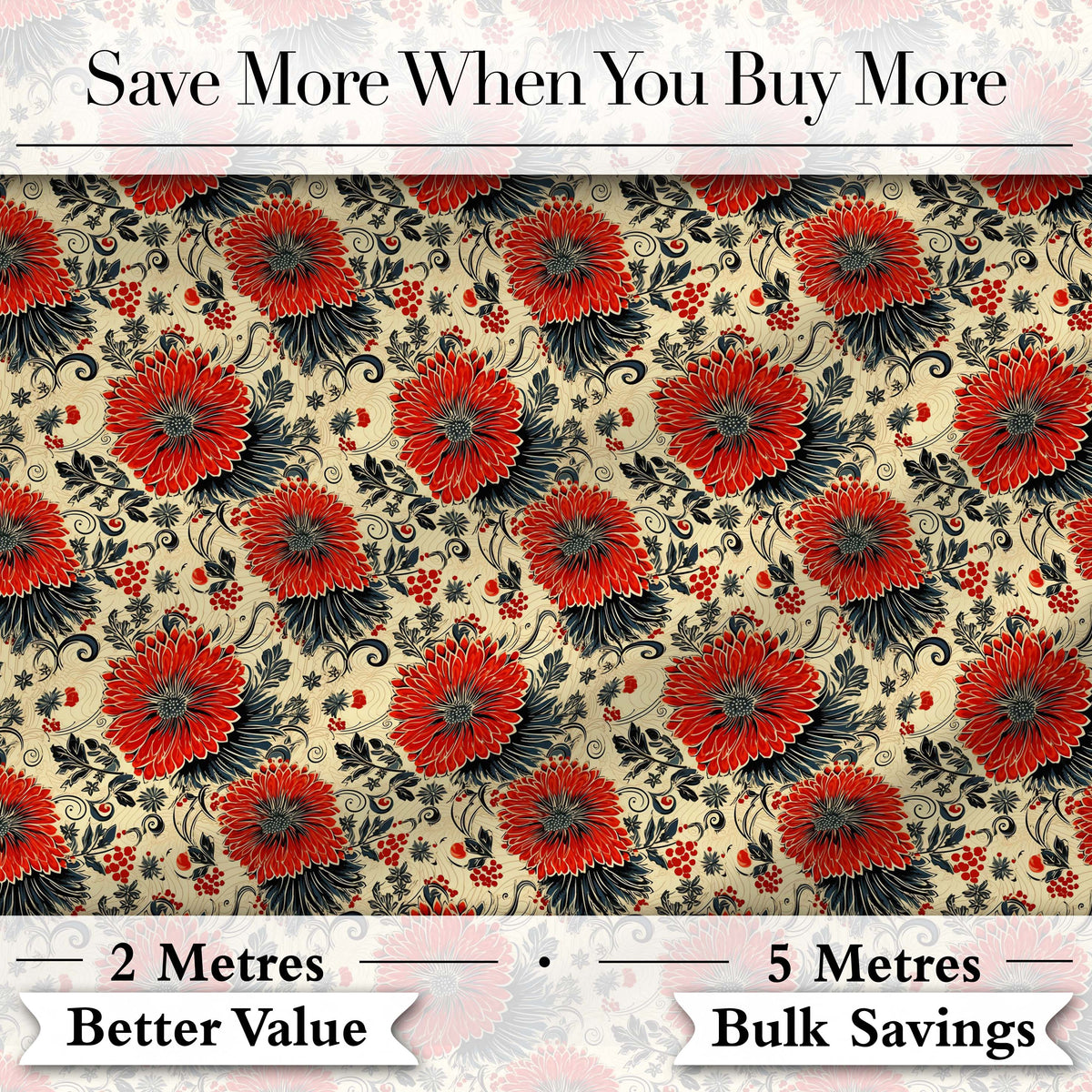 Red Floral Vintage Garden Seamless Pattern Digital Print Fabric by the Metre UK Sewing Quilting Textile
