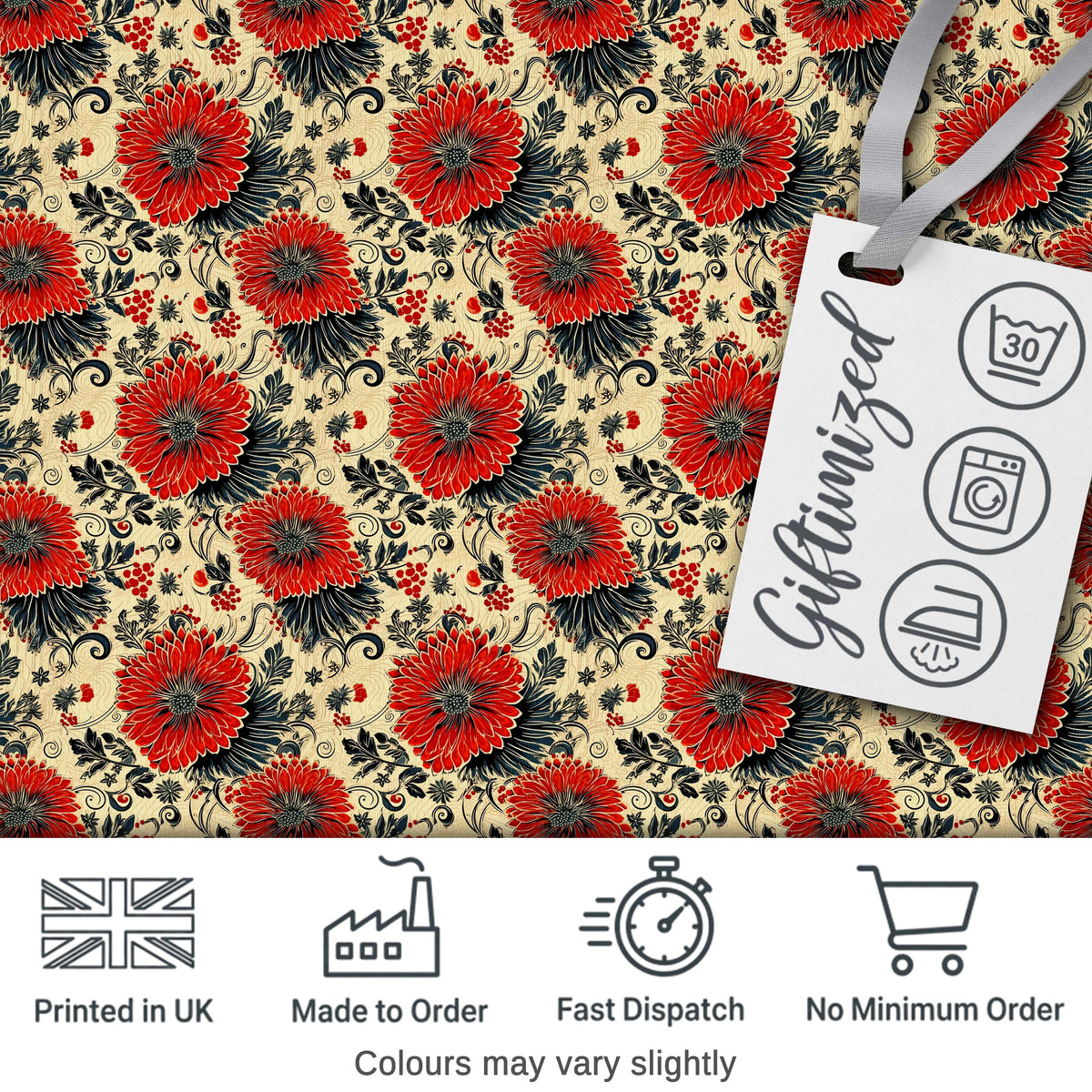 Red Floral Vintage Garden Seamless Pattern Digital Print Fabric by the Metre UK Sewing Quilting Textile