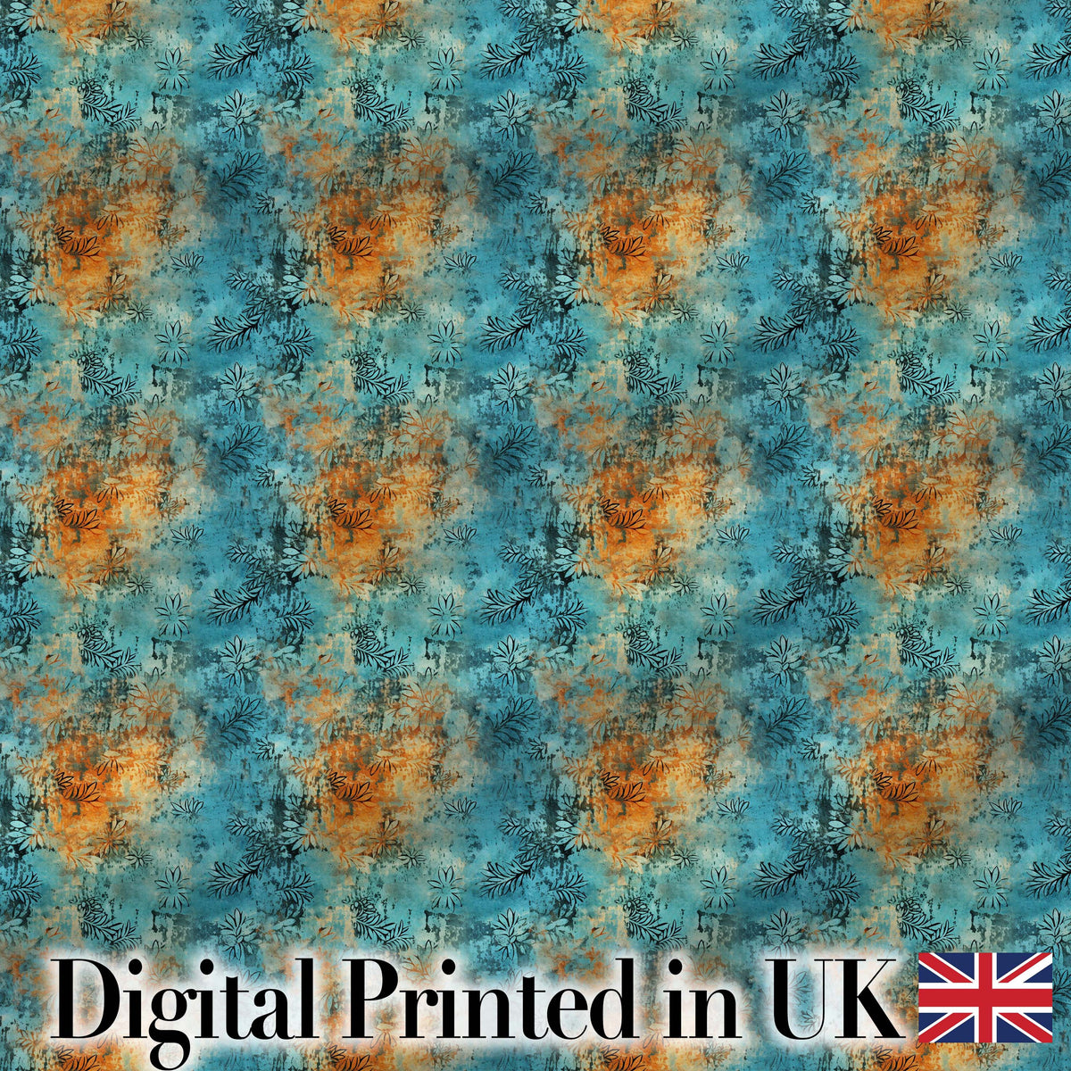 Teal Orange Grunge Floral Texture Seamless Pattern Digital Print Fabric by the Metre UK Sewing Quilting Textile