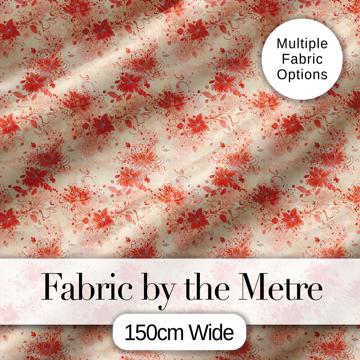 Soft Red Floral Watercolour Blossom Seamless Pattern Digital Print Fabric by the Metre UK Sewing Quilting Textile