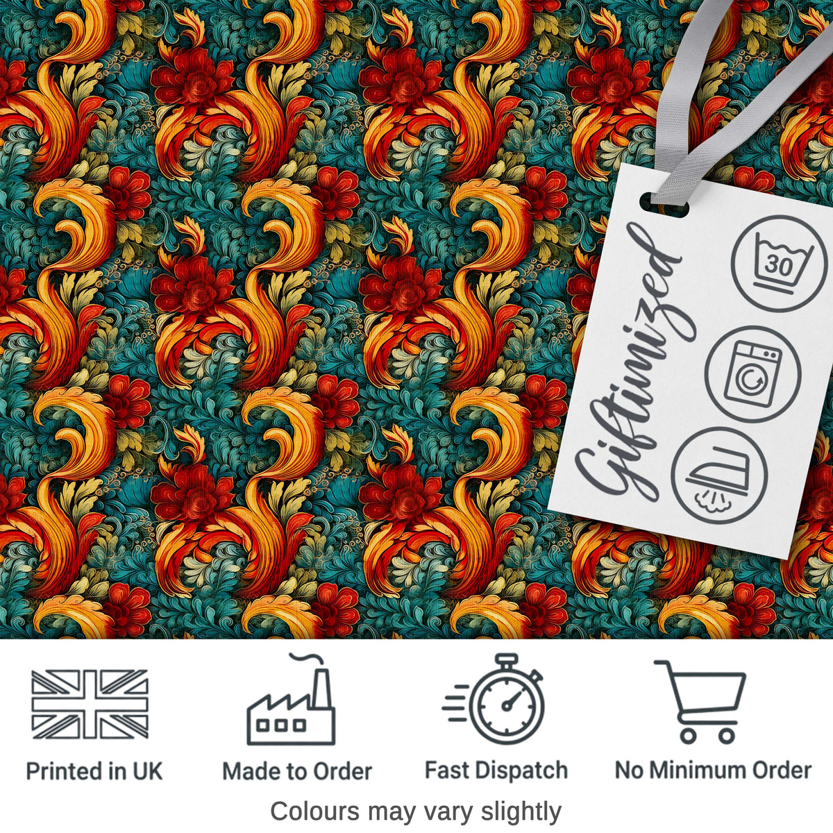 Teal Orange Baroque Floral Swirl Seamless Pattern Digital Print Fabric by the Metre UK Sewing Quilting Textile