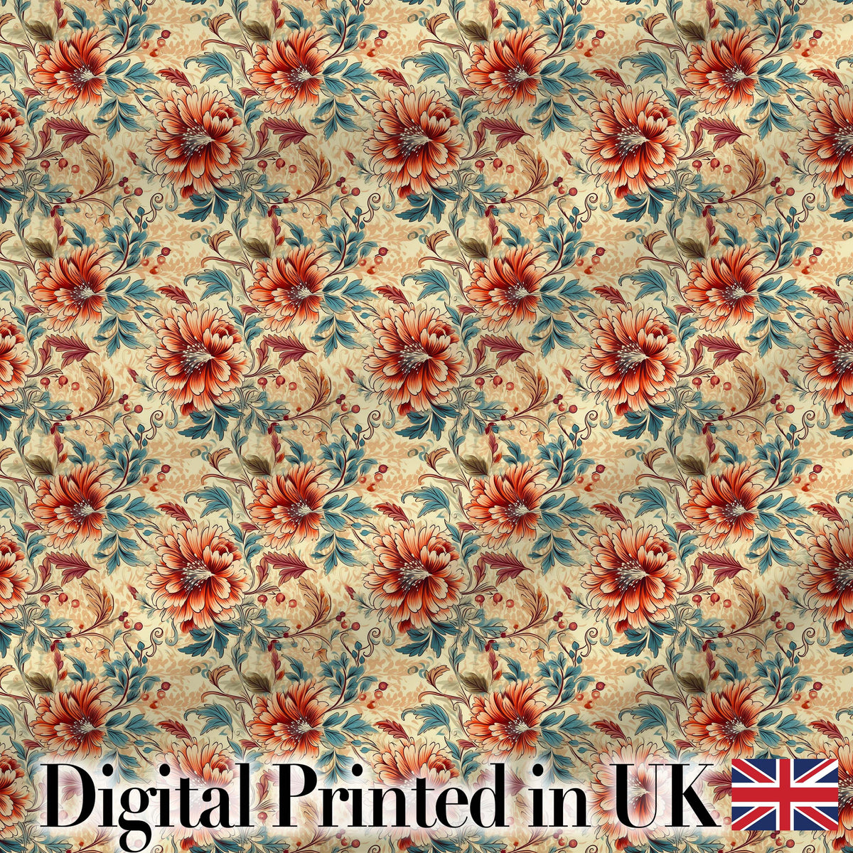 Vintage Orange Blue Botanical Floral Seamless Pattern Digital Print Fabric by the Metre UK Sewing Quilting Textile