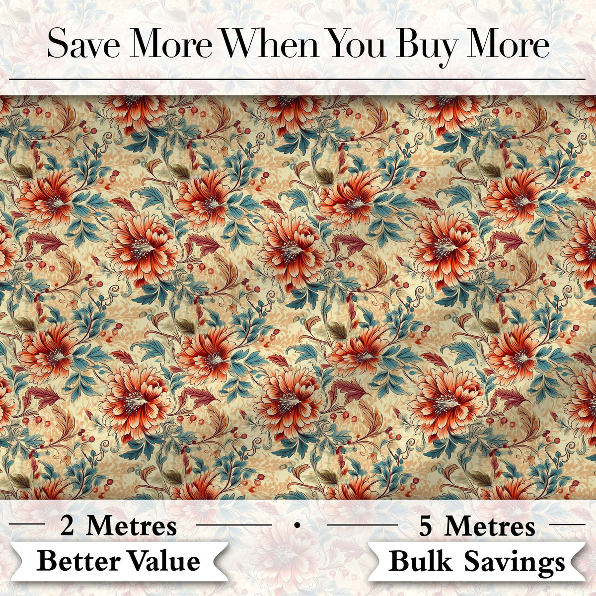 Vintage Orange Blue Botanical Floral Seamless Pattern Digital Print Fabric by the Metre UK Sewing Quilting Textile
