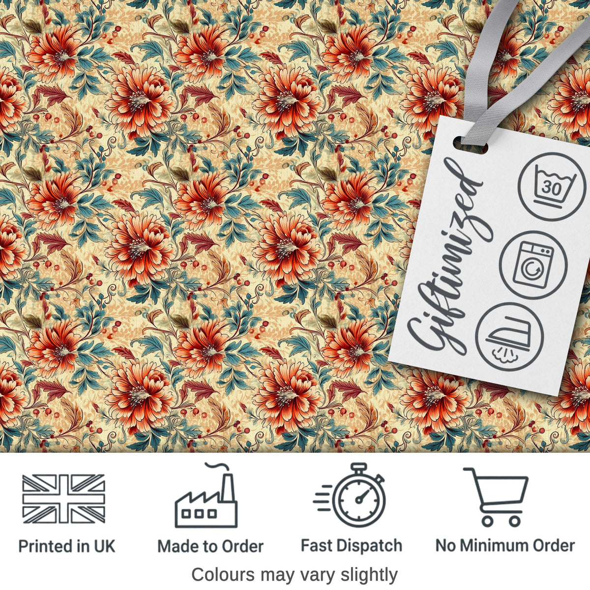 Vintage Orange Blue Botanical Floral Seamless Pattern Digital Print Fabric by the Metre UK Sewing Quilting Textile